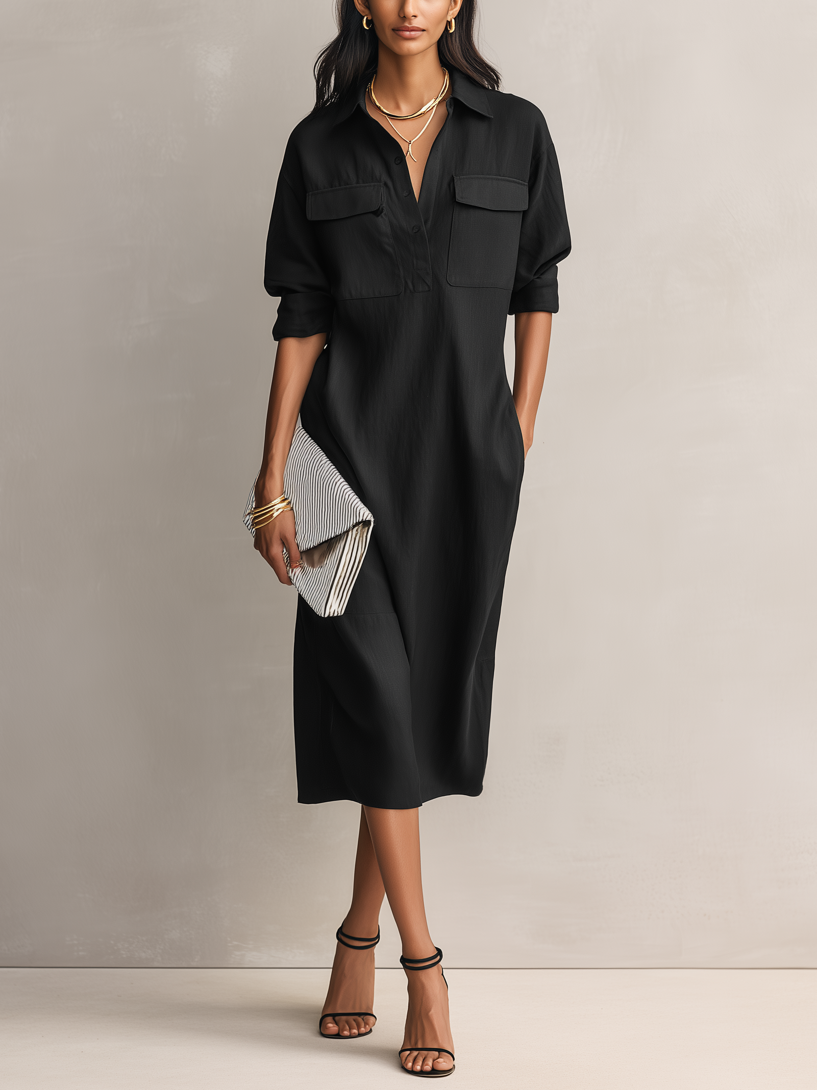 Women's Elegant Black Cotton-linen Blend Shirt Collar Short-sleeved Mi – Modesees
